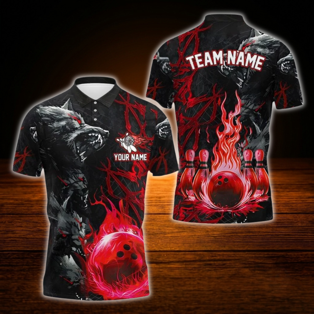 Custom Wolf Blue Flame Ball Bowling Polo Shirts Mens, Custom Wolf Bowling Team Shirts