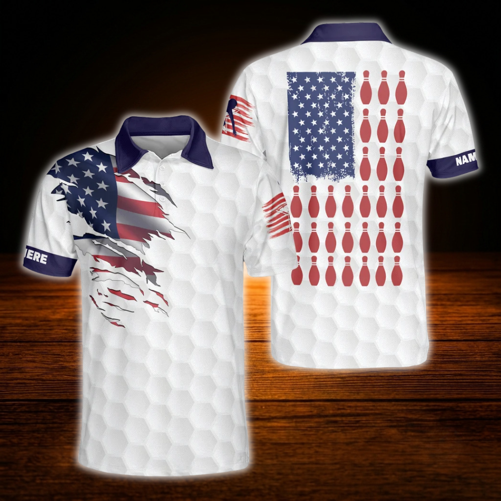 Custom American Flag White Polo Bowling Shirts Mens, Custom Patriotic Bowling Shirts