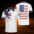 Custom American Flag White Polo Bowling Shirts Mens, Custom Patriotic Bowling Shirts