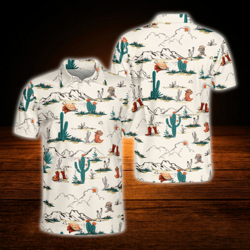 Cowboy Cactus Beige Golf Polo Shirts For Men, Western Golf Shirts