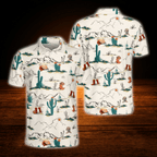 Cowboy Cactus Beige Golf Polo Shirts For Men, Western Golf Shirts