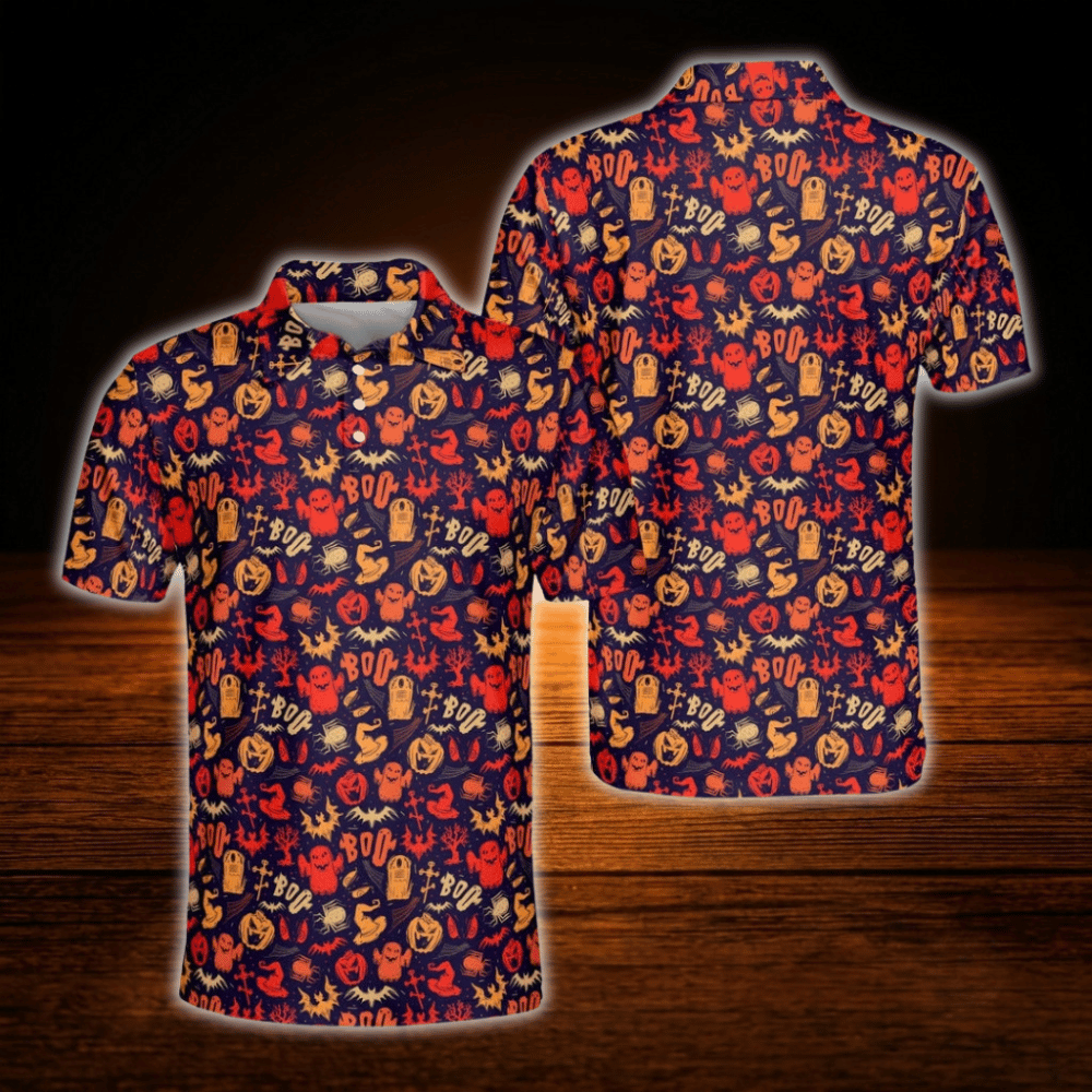 Pumpkin Spooky Ghost Halloween Golf Polo Shirts For Men, Halloween Golf Shirts