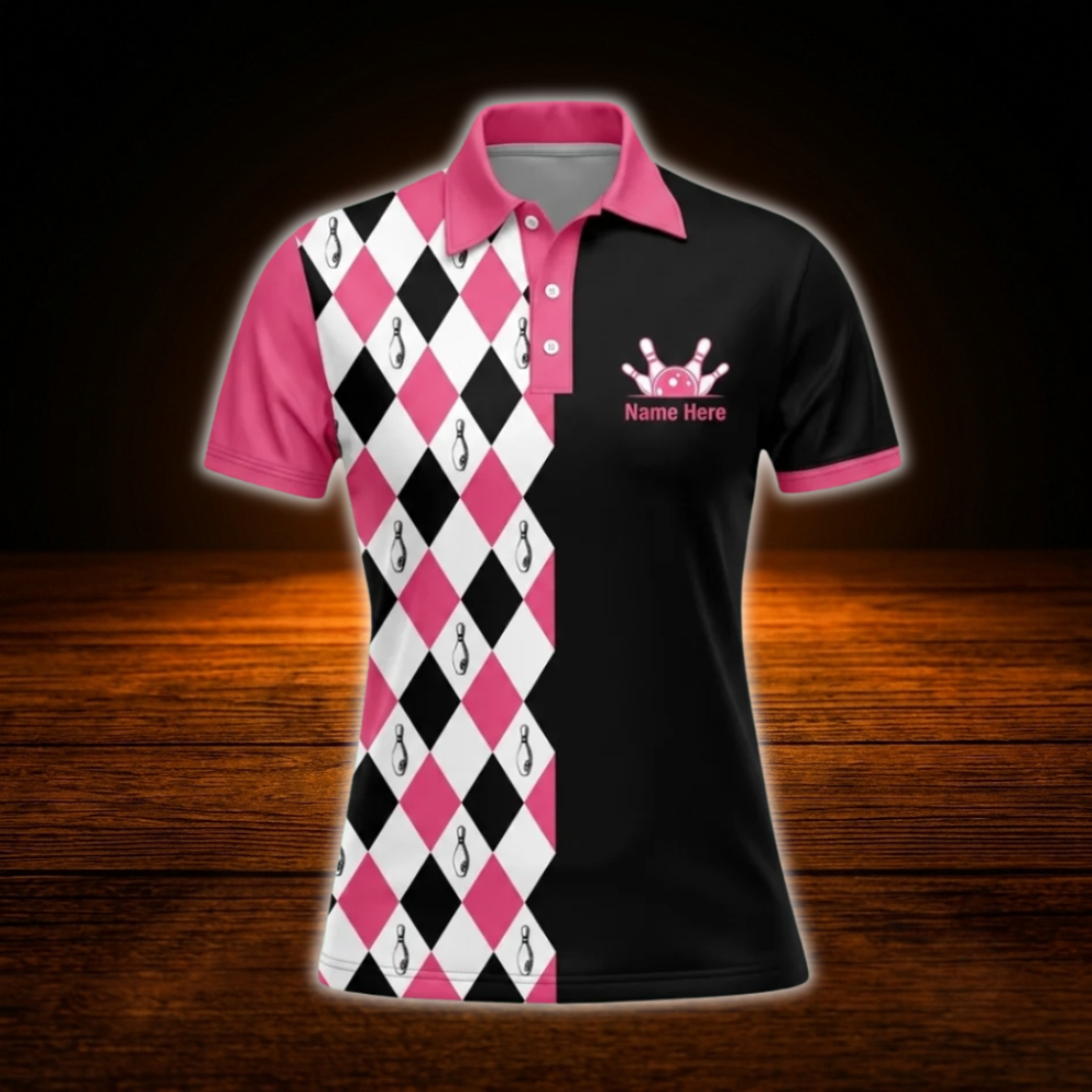 Split Happens Custom Black And Pink Bowling Polo Shirts For Women, Custom Funny Bowling Shirts Women
