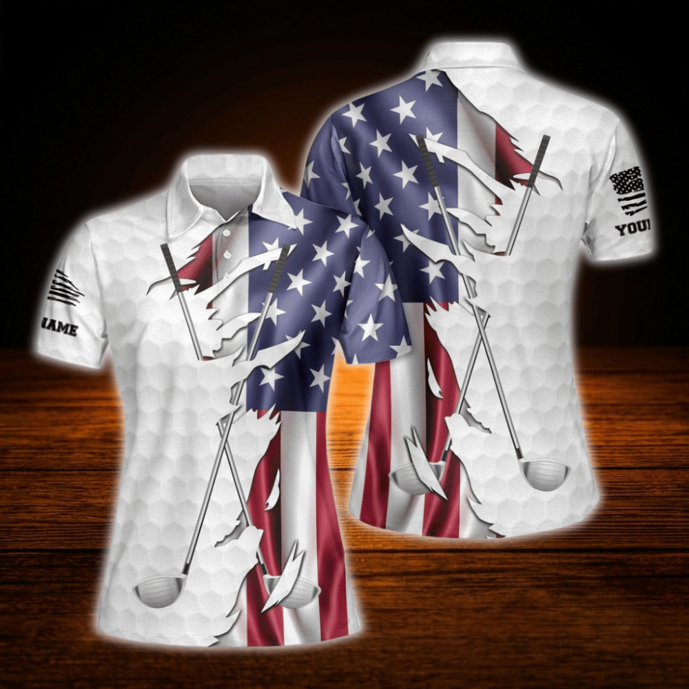 Personalized American Flag Ladies Golf Polo Shirts, Custom Patriotic Golf Shirts For Ladies