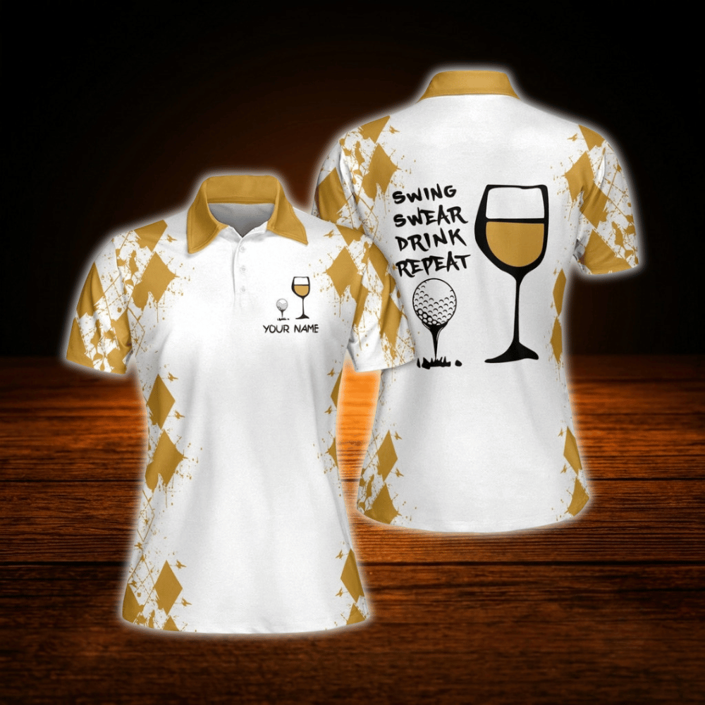 Personalized Swing Swear Drink Repeat Wine Women  Golf Polo Shirts, Custom Funny Golf Shirts For Ladies