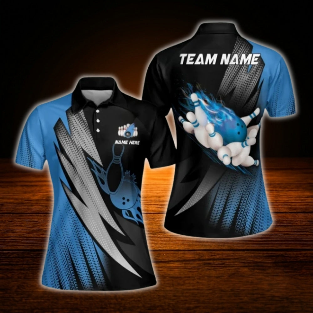 Custom Flame Blue Black Bowling Polo Shirt For Ladies, Custom Flame Bowling Team Shirt Women