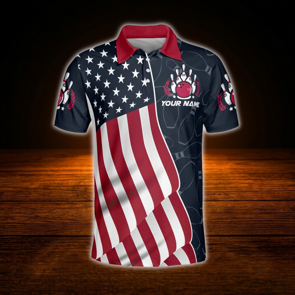 Custom American Flag Mens Polo Bowling Shirts, Custom Patriotic Team Bowling Shirts