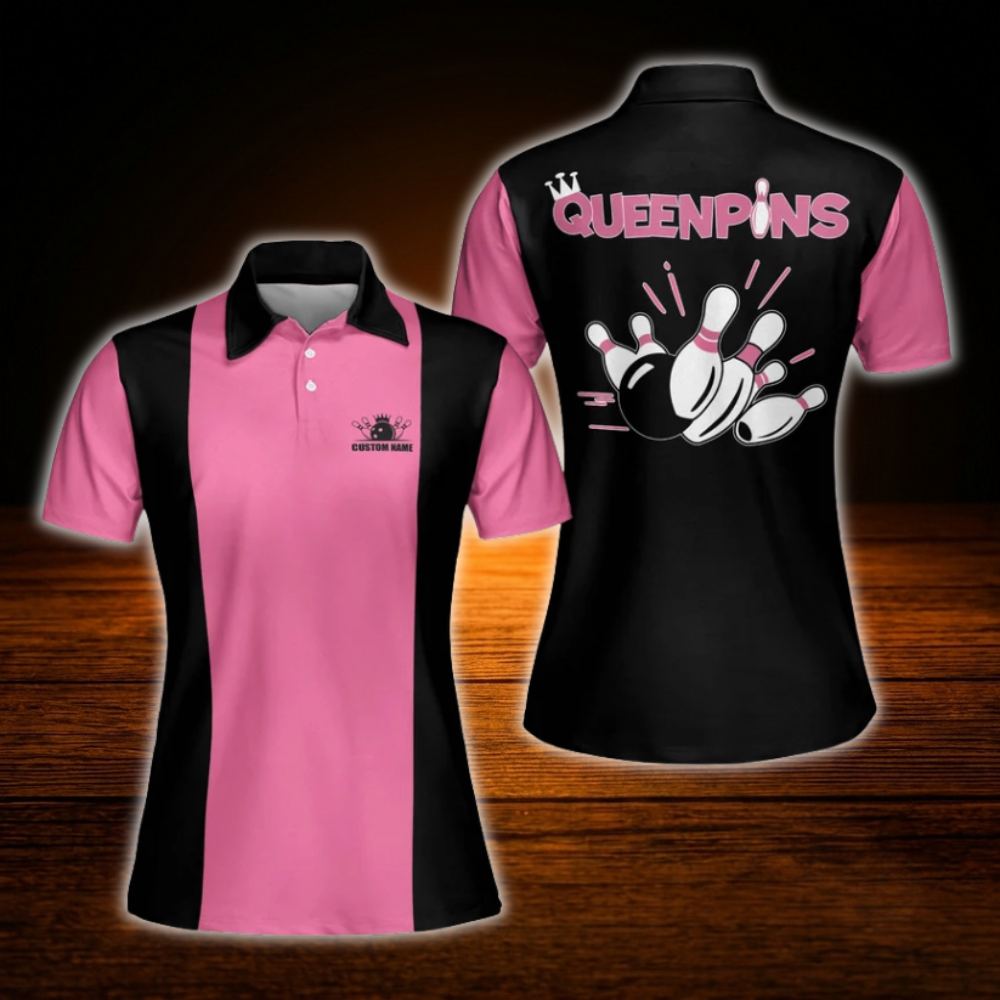Custom Queen Pins Polo Bowling Shirts Women, Custom Funny Women Bowling Shirts