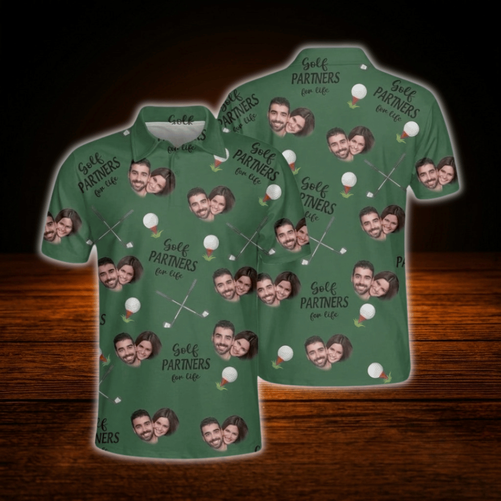Golf Partners For Life Custom Face Matching Golf Polo Shirt For Men And Women, Custom Photo Couples Golf Shirts