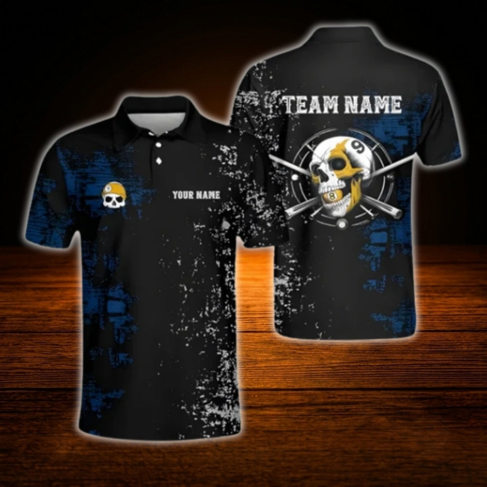 Custom Skull 8 Ball Billiard Men Polo Shirt Black Blue, Custom Team Skull Billiard Shirt