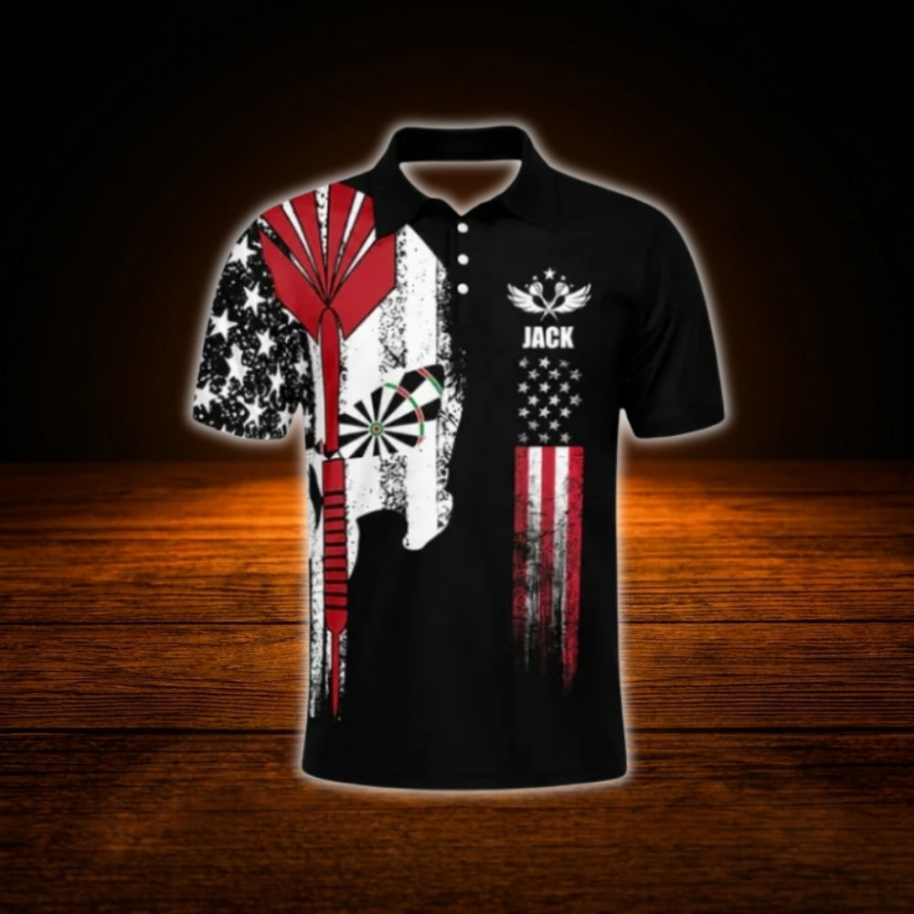 Skull USA Flag Custom Mens Dart Polo Shirt, Custom Skull Darts Shirt For Team