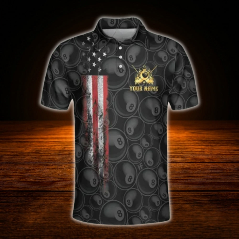 Custom 8 Ball Men's Black Gold Billiard Polo Shirt, Custom 8 Ball Team Billiard Shirt