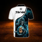 Custom Skeleton Cyan Black Billiard Polo Shirt For Men, Custom Skull Billiard Team Shirt