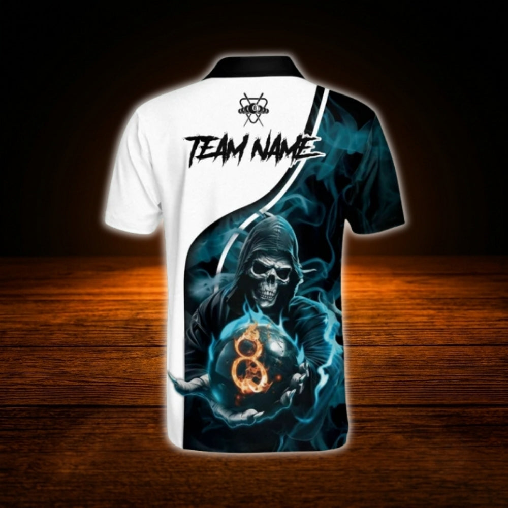 Custom Skeleton Cyan Black Billiard Polo Shirt For Men, Custom Skull Billiard Team Shirt