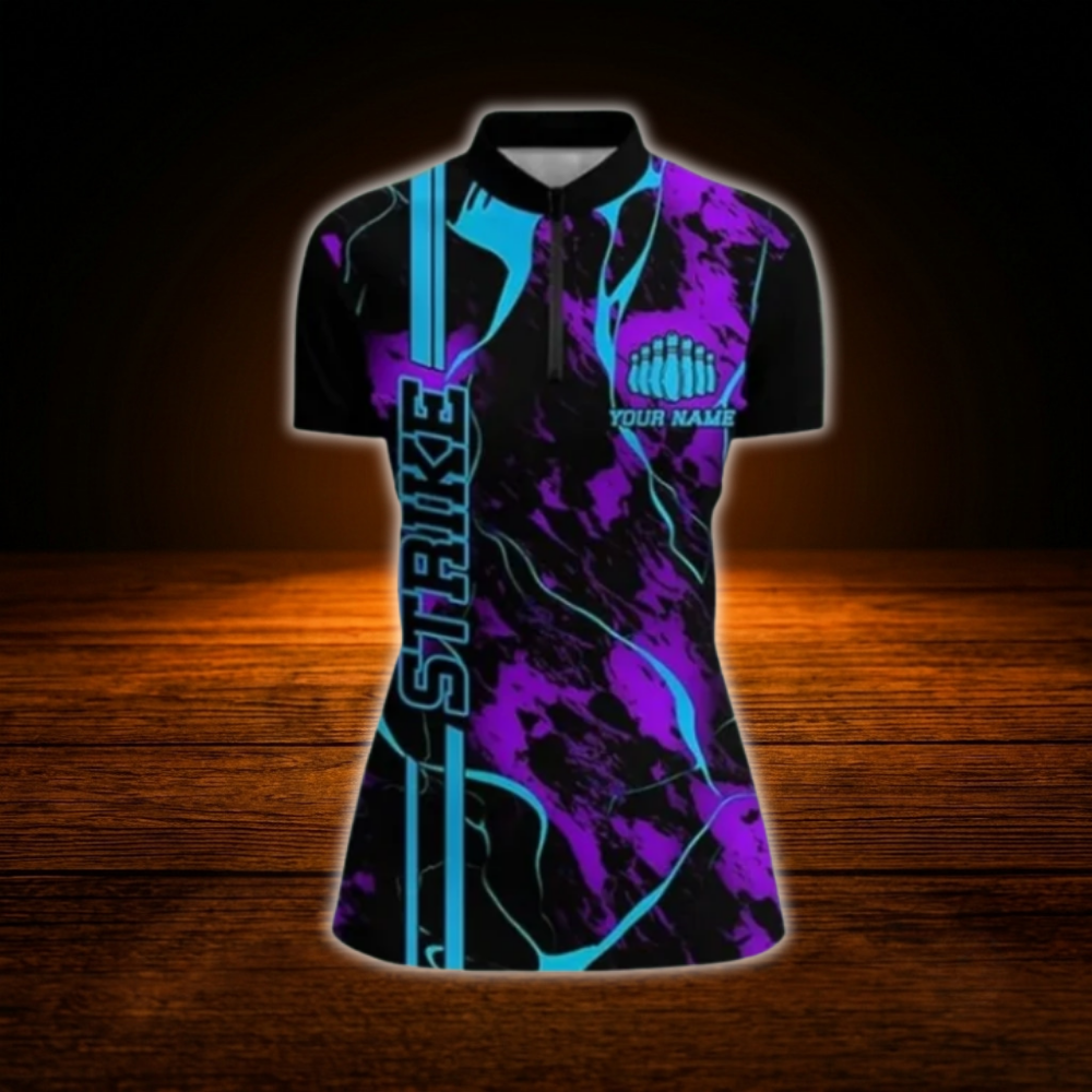 Custom Flame Purple Blue Women's Bowling Jersey, Custom Flame Bowling Team Shirt Ladies