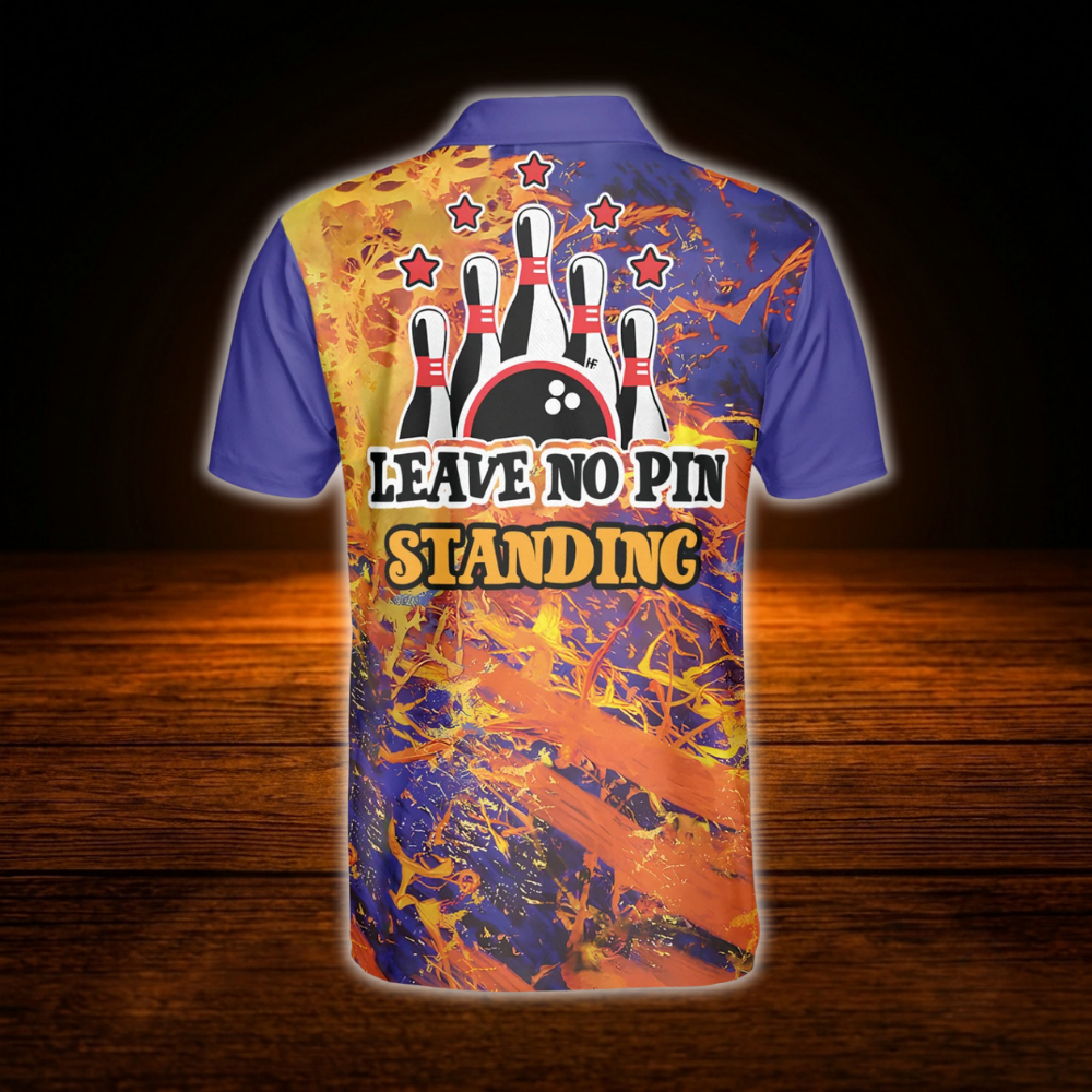 King Pins Leave No Pins Standing Men's Flaming Orange Purple Bowling Polo Shirt, Funny Bowling Shirt Men