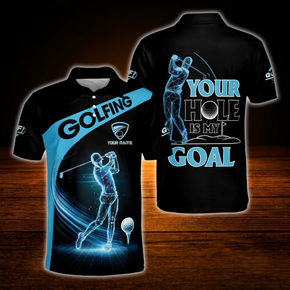 Your Hole Is My Goal Custom Mens Blue Black Golf Polo Shirt, Custom Funny Golf Shirt