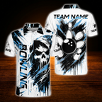 Custom Skeleton Black White Bowling Men Polo Shirt, Custom Skull Bowling Shirt Team