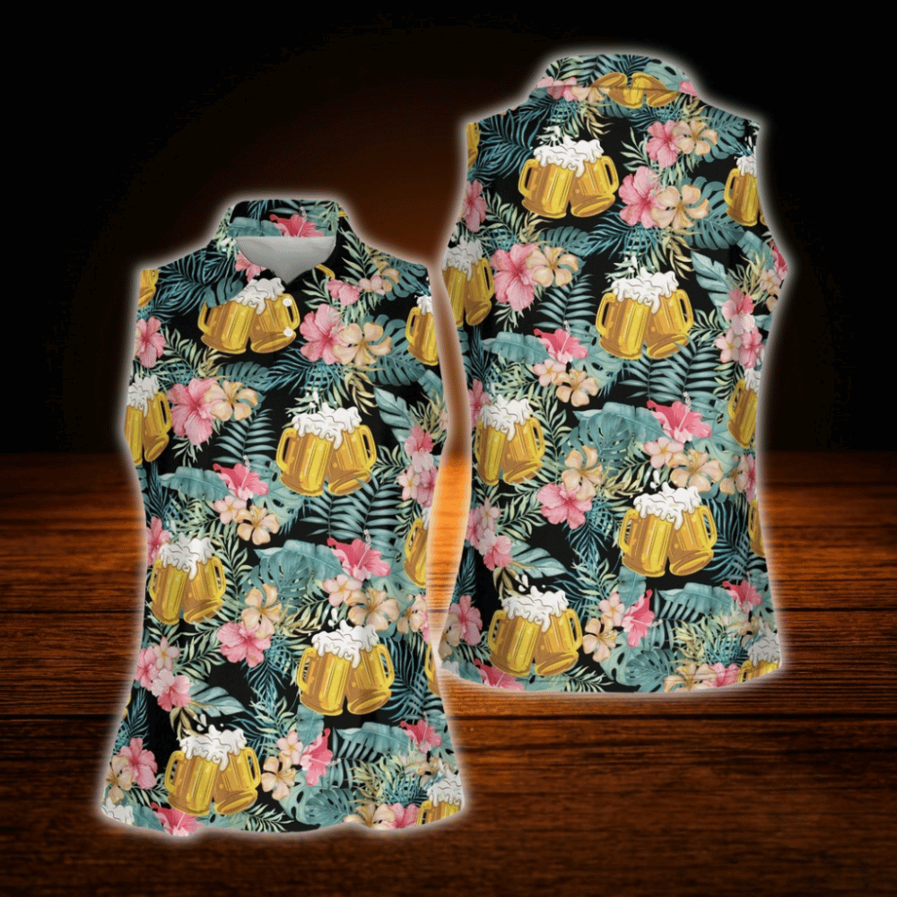Beer Tropical Women's Sleeveless Golf Shirt, Beer Golf Shirt For Women