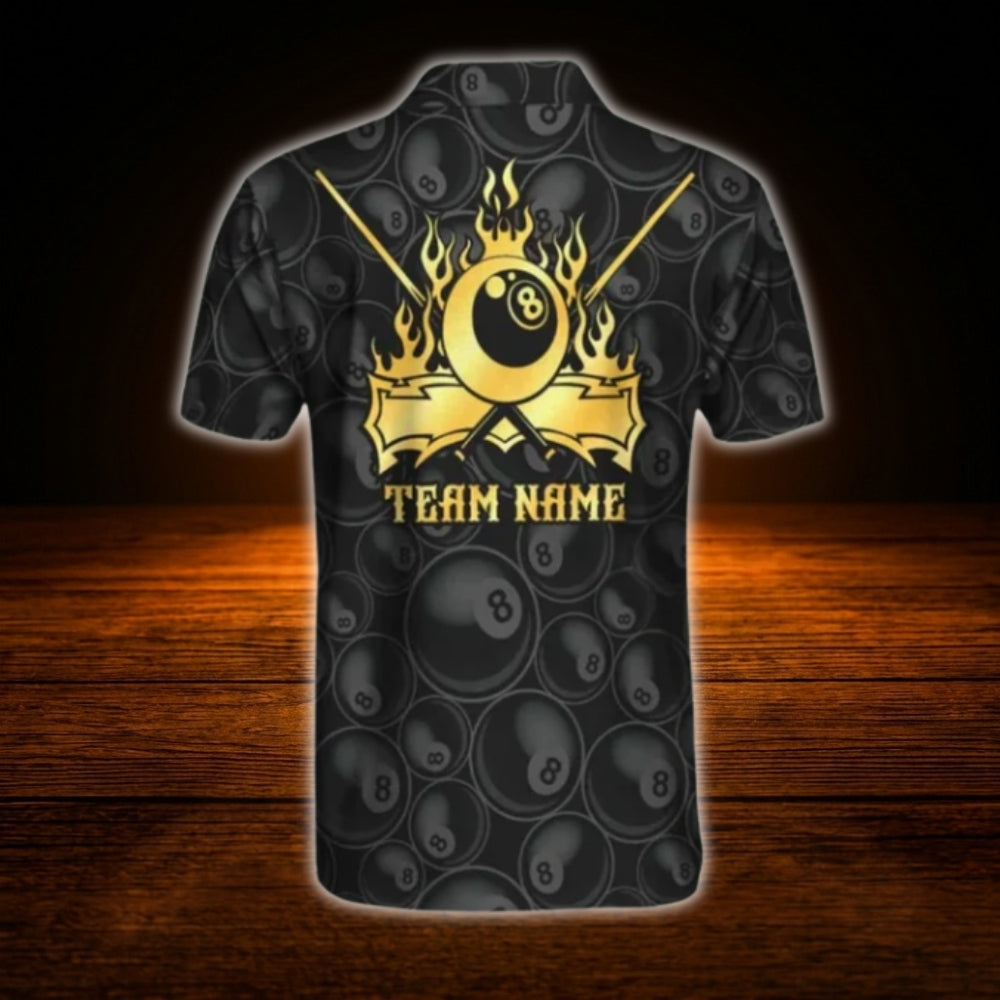 Custom 8 Ball Men's Black Gold Billiard Polo Shirt, Custom 8 Ball Team Billiard Shirt