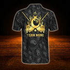 Custom 8 Ball Men's Black Gold Billiard Polo Shirt, Custom 8 Ball Team Billiard Shirt