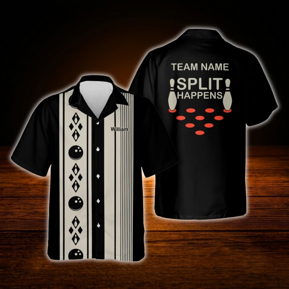 Split Happens Custom Navy Bowling Hawaiian Shirt, Custom Funny Bowling Shirt