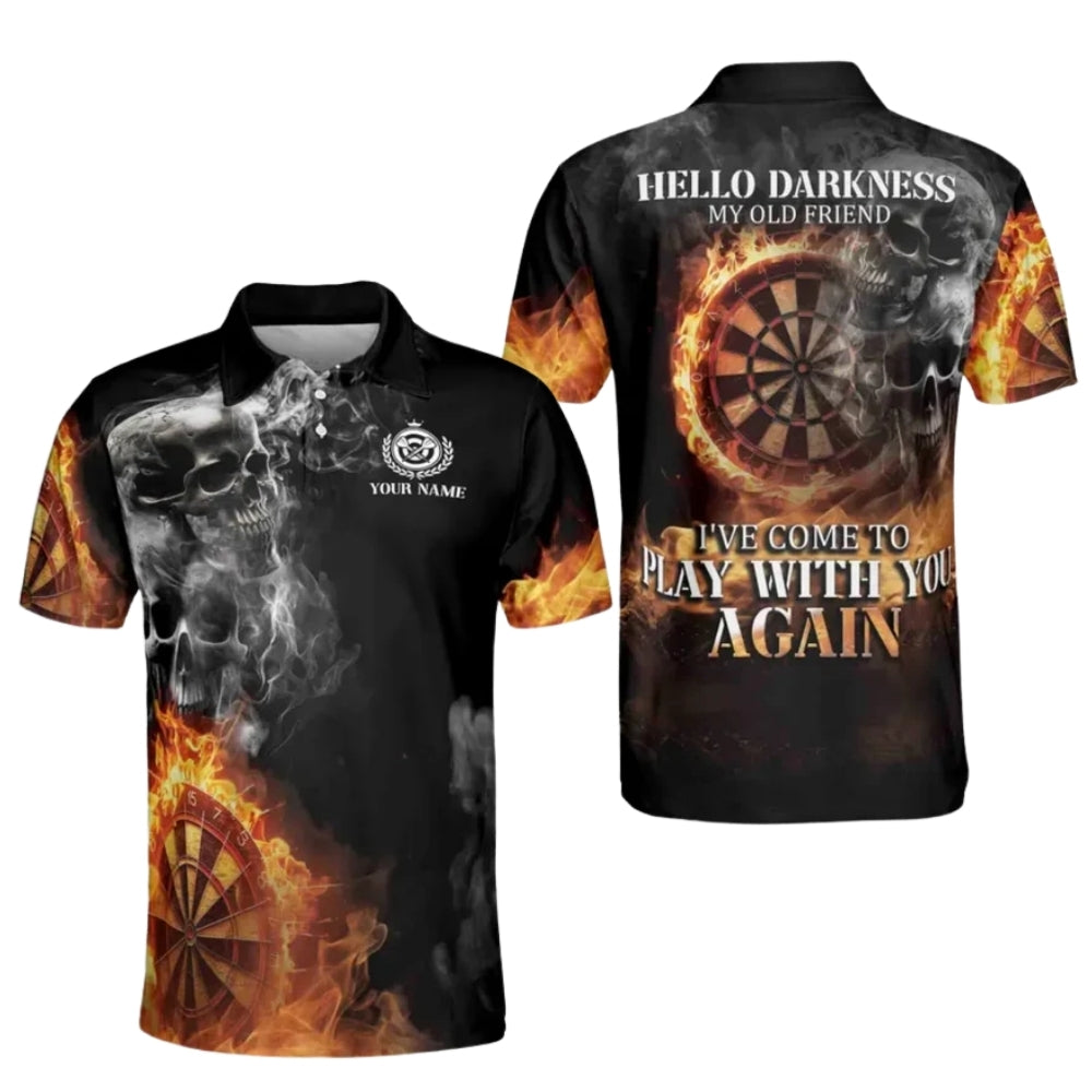 Hello Darkness My Old Friend I've Come To Play With You Again Custom Flame Skull Darts Polo Shirts For Men, Custom Funny Darts Shirts For Team DE0056