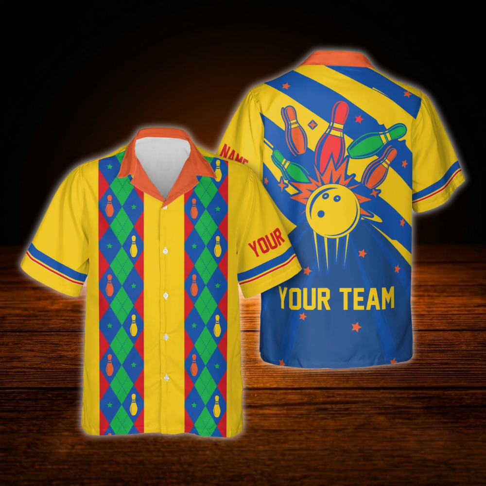 Blue Retro Custom Bowling Hawaiian Shirt, Custom Team Retro Bowling Shirt