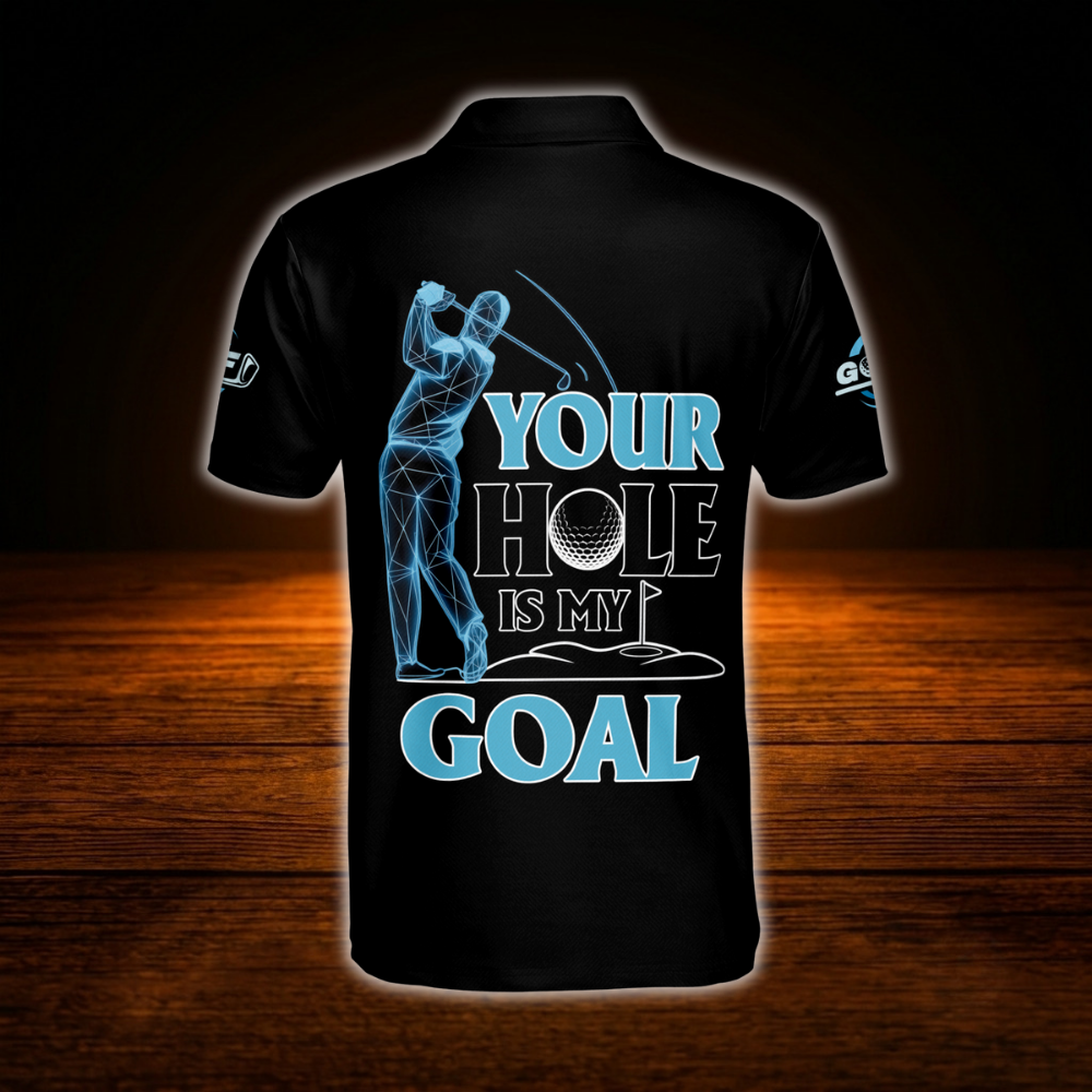 Your Hole Is My Goal Custom Mens Blue Black Golf Polo Shirt, Custom Funny Golf Shirt