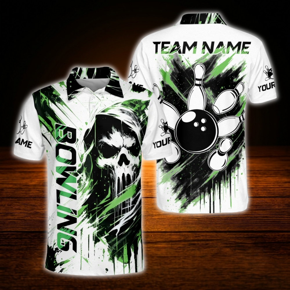 Custom Skeleton Black White Bowling Men Polo Shirt, Custom Skull Bowling Shirt Team