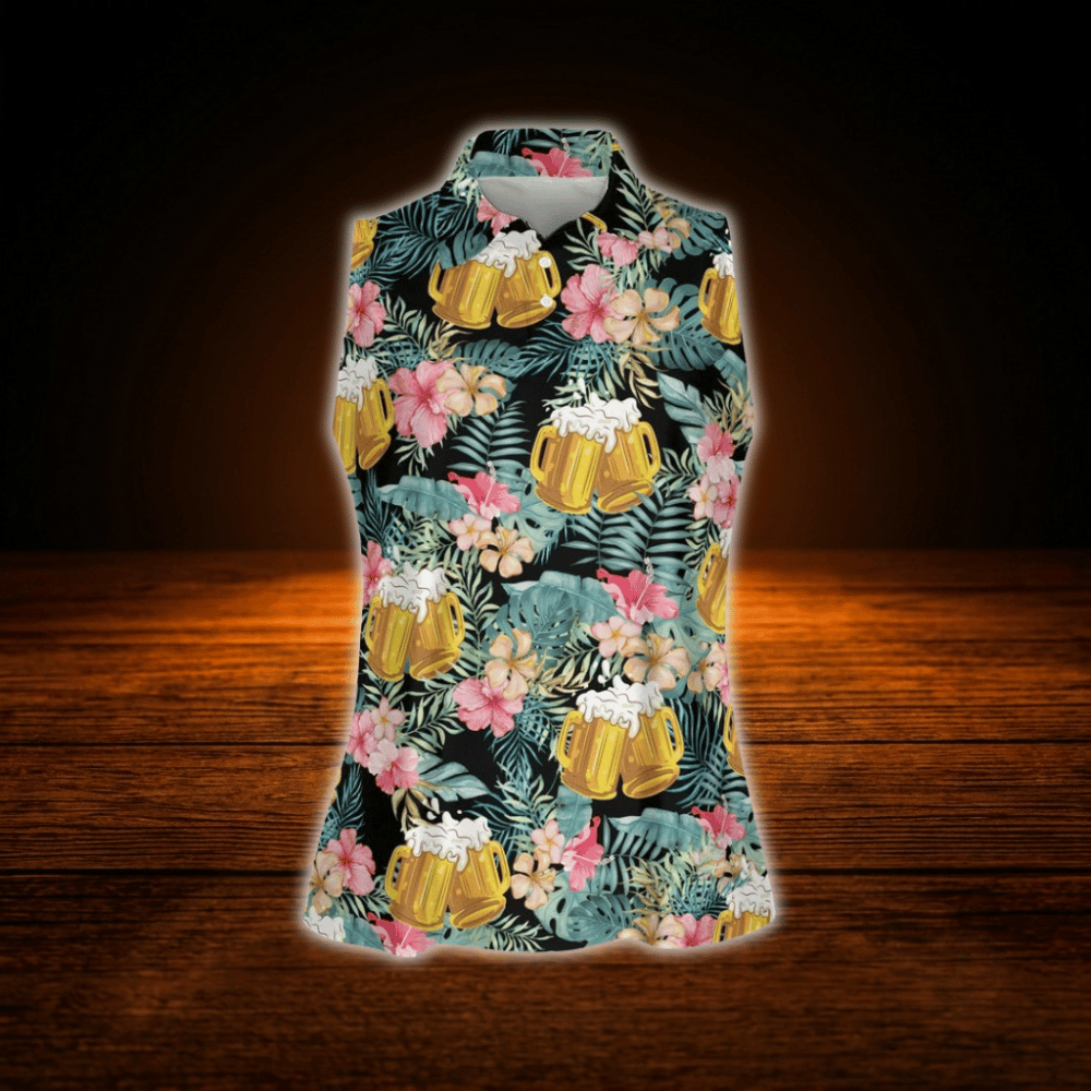 Beer Tropical Women's Sleeveless Golf Shirt, Beer Golf Shirt For Women