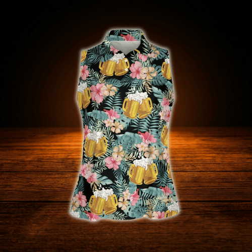 Beer Tropical Women's Sleeveless Golf Shirt, Beer Golf Shirt For Women