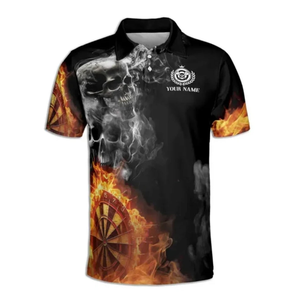 Hello Darkness My Old Friend I've Come To Play With You Again Custom Flame Skull Darts Polo Shirts For Men, Custom Funny Darts Shirts For Team DE0056