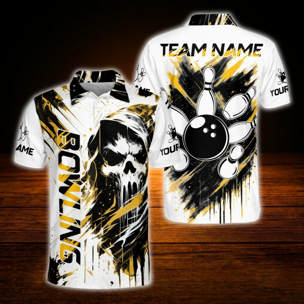 Custom Skeleton Black White Bowling Men Polo Shirt, Custom Skull Bowling Shirt Team