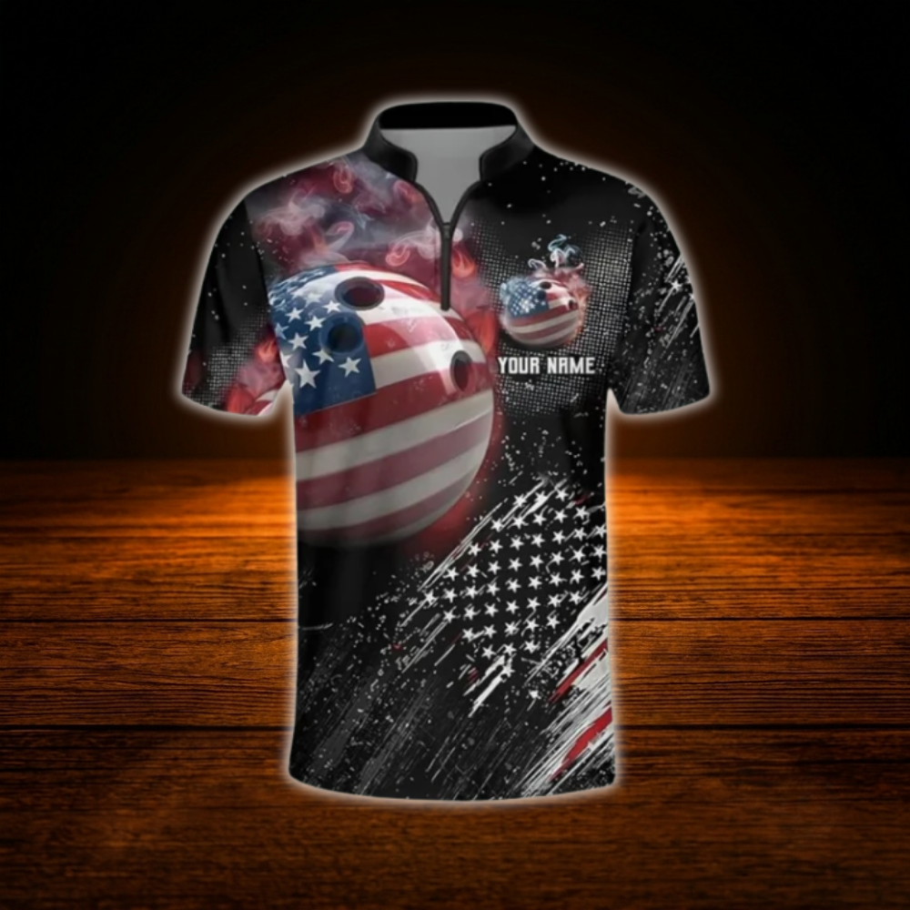 Custom American Flag Ball Men's Bowling Jersey, Custom Patriotic Bowling Team Shirt