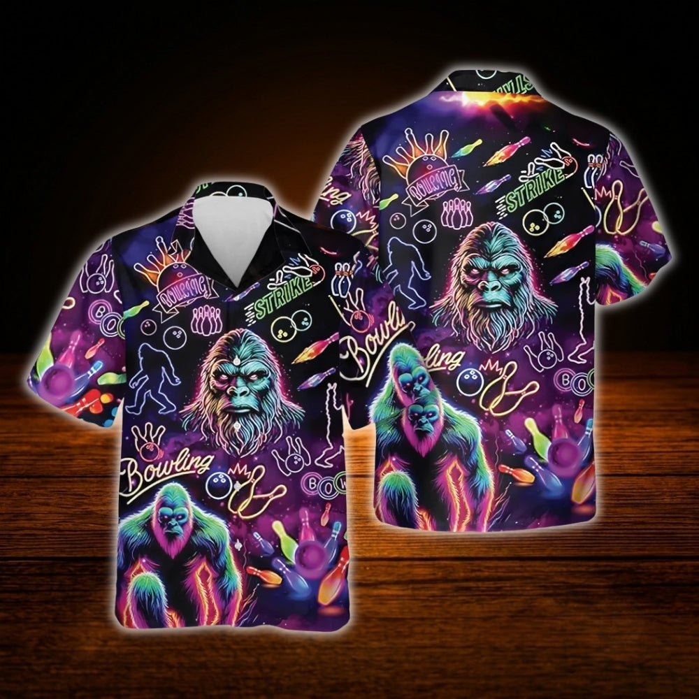 Neon Bigfoot Bowling Hawaiian Shirt For Men, Sasquatch Bigfoot Bowling Shirt