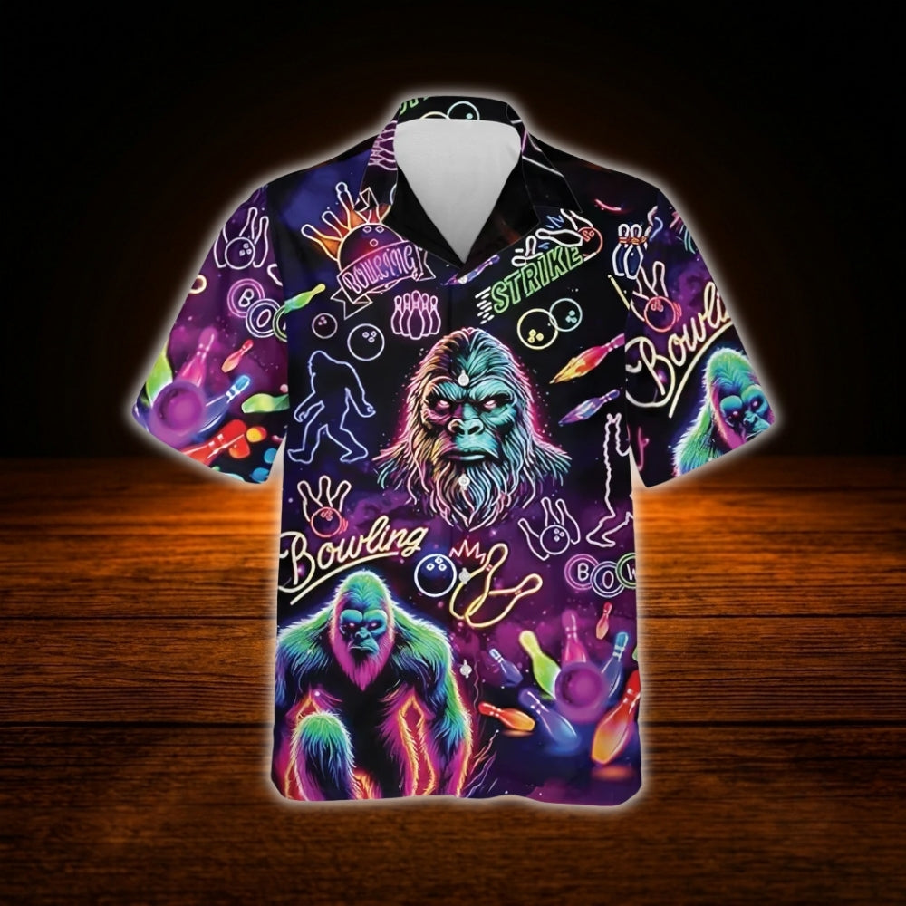 Neon Bigfoot Bowling Hawaiian Shirt For Men, Sasquatch Bigfoot Bowling Shirt