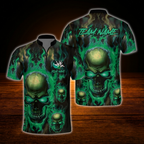 Custom Skull Green Flame Bowling Men Polo Shirt, Custom Skull Bowling Shirt For Team