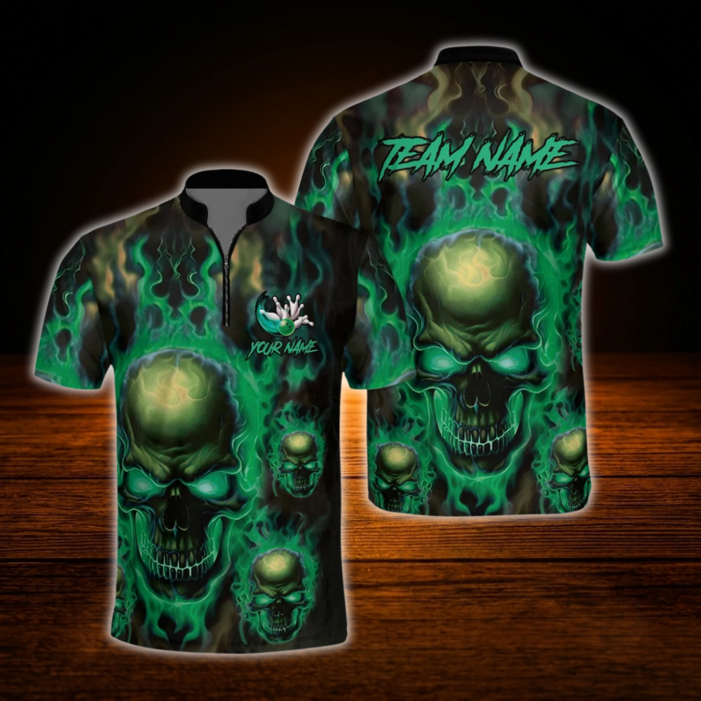 Custom Skull Green Flame Bowling Men Polo Shirt, Custom Skull Bowling Shirt For Team
