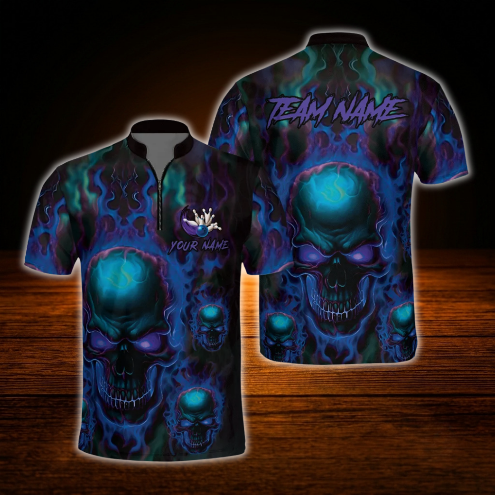 Custom Skull Green Flame Bowling Men Polo Shirt, Custom Skull Bowling Shirt For Team