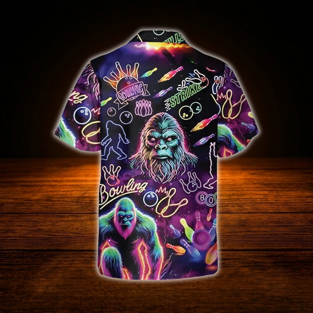 Neon Bigfoot Bowling Hawaiian Shirt For Men, Sasquatch Bigfoot Bowling Shirt