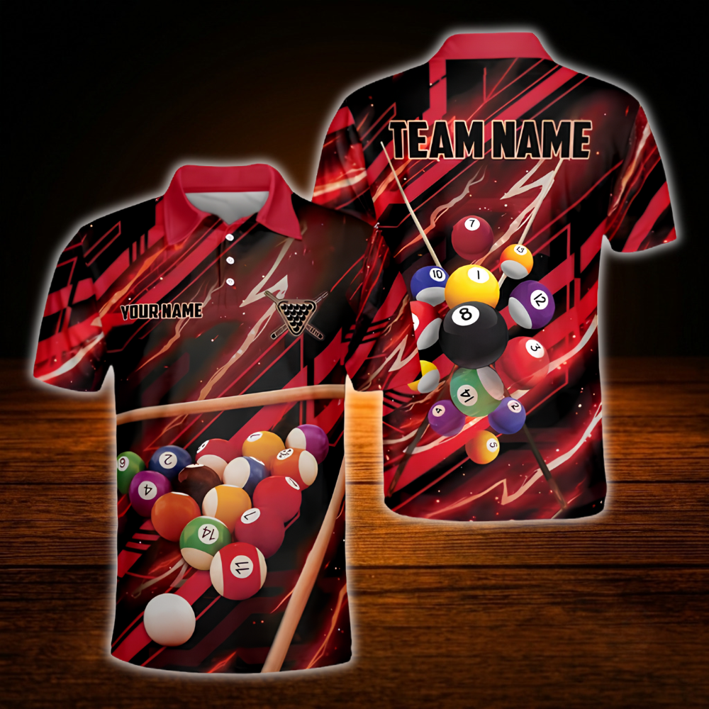 Custom Red Lightning Billiard Team Polo Shirt, Custom Black And Red Billiard Shirt