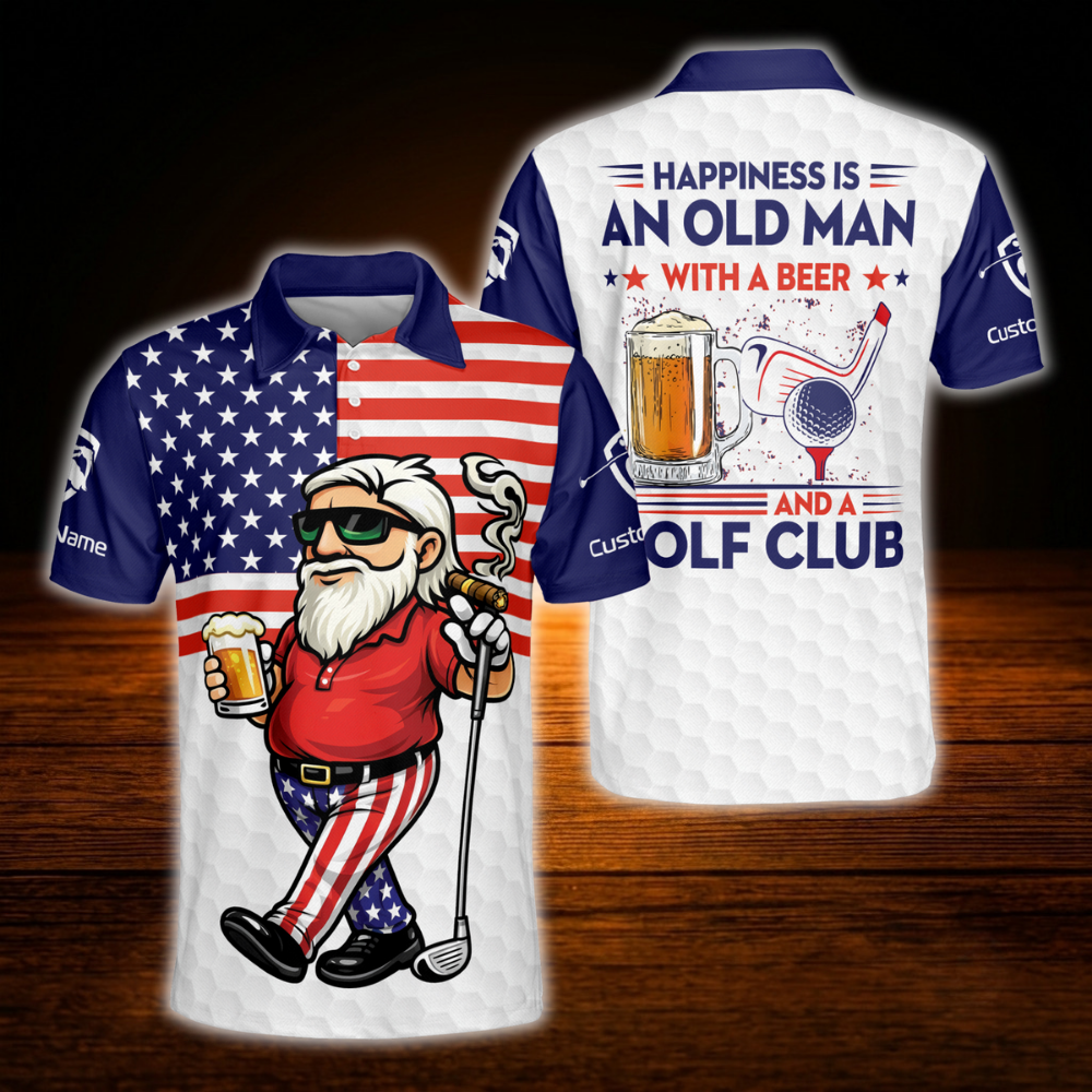 Happiness Is And Old Man With A Beer And Golf Club Custom Old Man USA Flag Golf Polo Shirt, Custom Funny Beer Golf Shirt