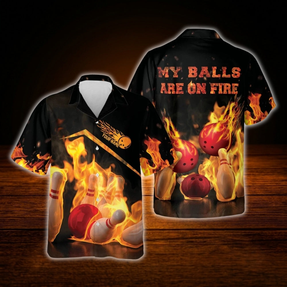 My Balls Are On Fire Custom Flame Bowling Hawaiian Shirt For Men, Custom Funny Flame Bowling Shirt