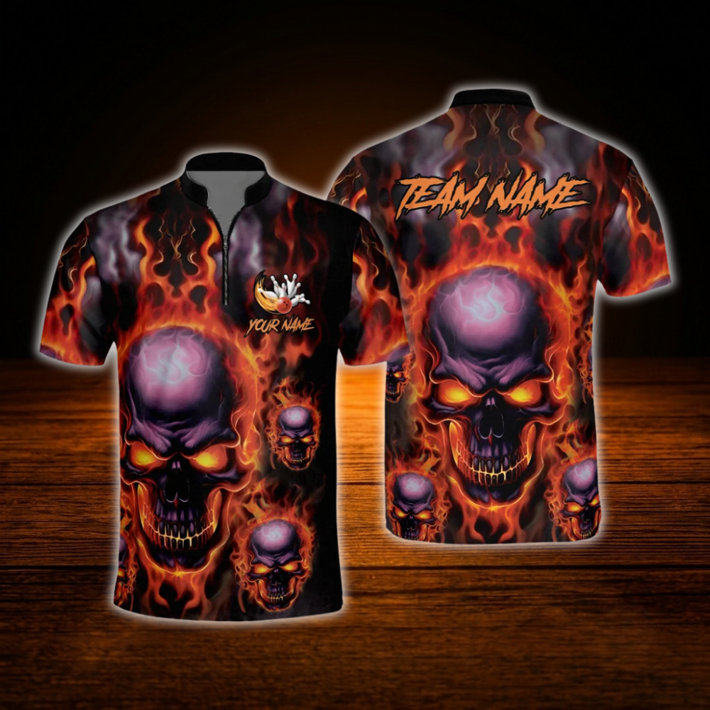 Custom Skull Green Flame Bowling Men Polo Shirt, Custom Skull Bowling Shirt For Team