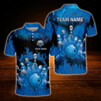 Flaming Ball Custom Blue Bowling Polo Shirt For Men, Custom Flame Bowling Team Shirt