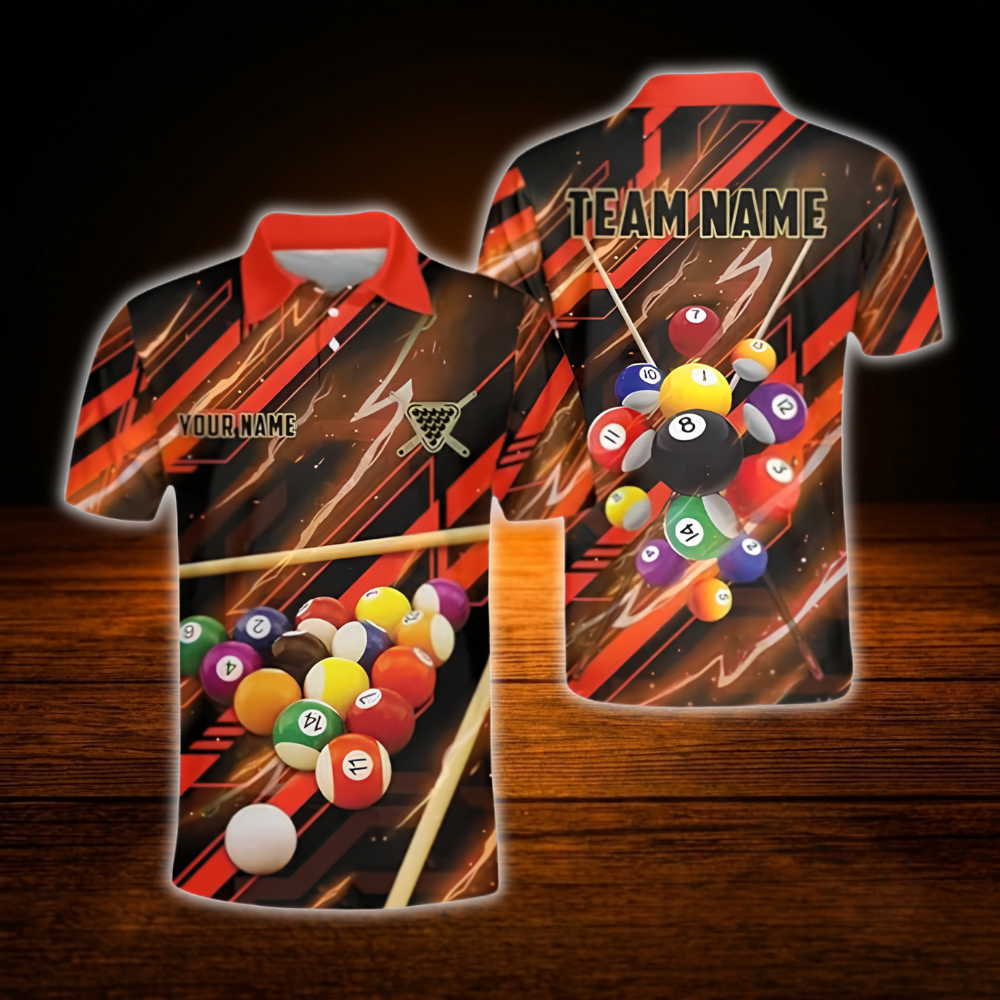 Custom Red Lightning Billiard Team Polo Shirt, Custom Black And Red Billiard Shirt