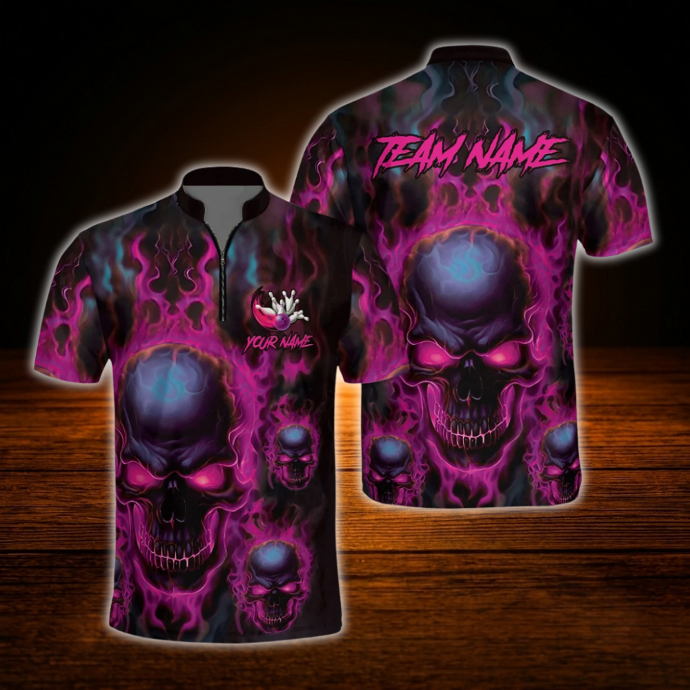 Custom Skull Green Flame Bowling Men Polo Shirt, Custom Skull Bowling Shirt For Team