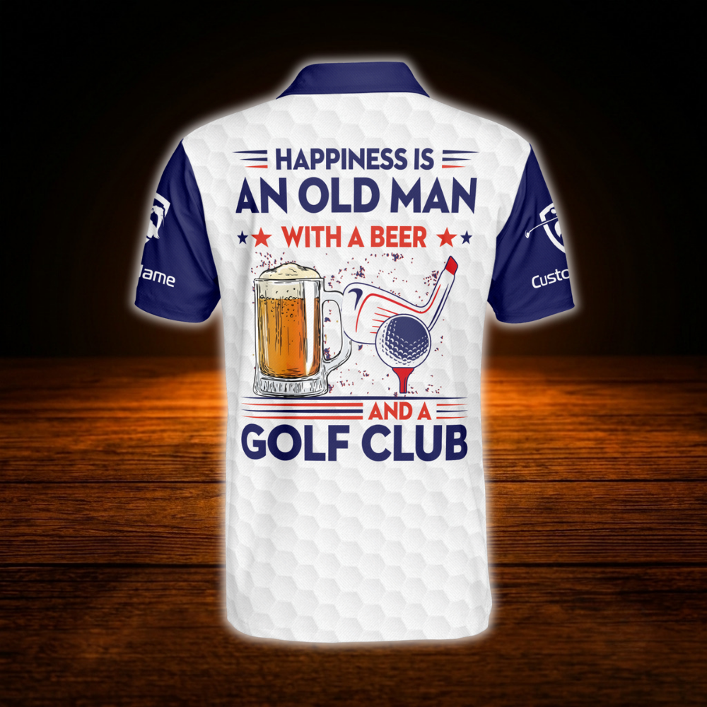 Happiness Is And Old Man With A Beer And Golf Club Custom Old Man USA Flag Golf Polo Shirt, Custom Funny Beer Golf Shirt