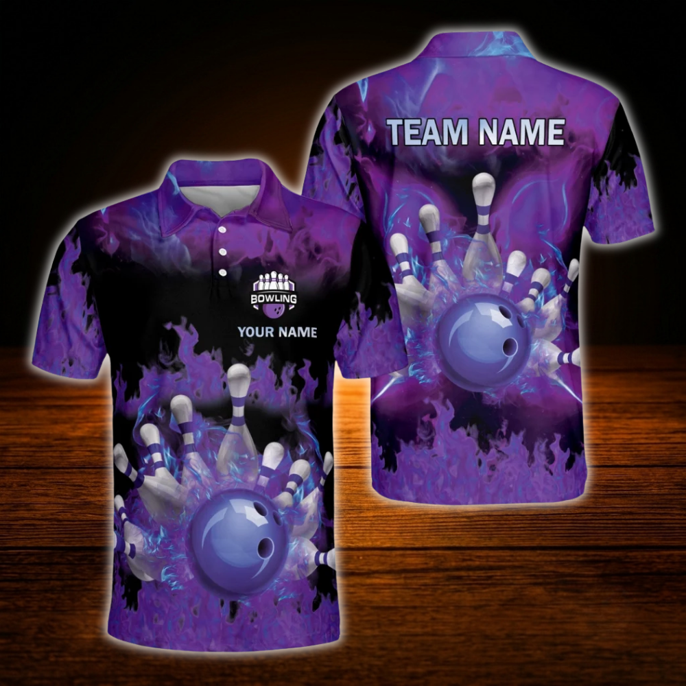 Flaming Ball Custom Blue Bowling Polo Shirt For Men, Custom Flame Bowling Team Shirt
